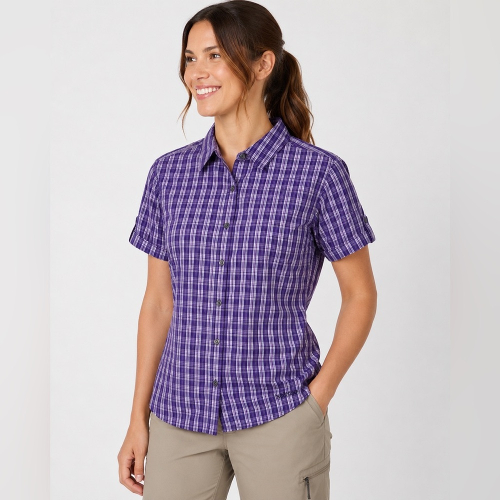 Marmot Women's Large Purple Plaid Hiking Shirt Short Sleeve Button Up Outdoor